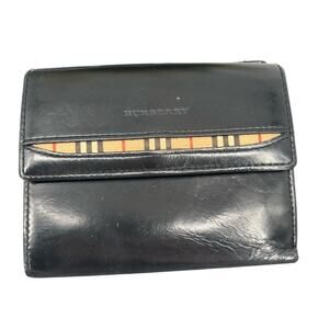 Burberry Dual Compartment Black Leather & Plaid Wallet